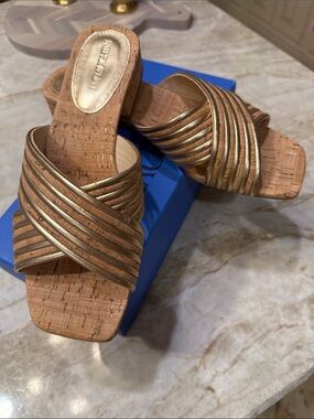 Metallic Gold Cork Slide Sandals with Crisscross Straps